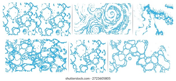 A collection of abstract blue and white patterns featuring intricate cellular structures, dynamic swirls, and organic textures, ideal for modern backgrounds, digital art, and graphic design concepts