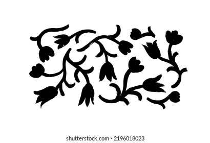 Collection of abstract bold flowers in naive design style. Hand drawn black vector tulips. Black brush paint flower silhouettes with leaves and curved stems. Branches, leaves and buds. 