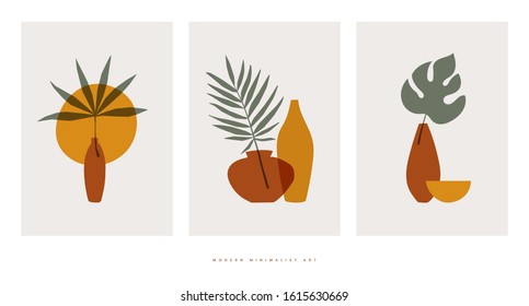 Collection of abstract botanical compositions vector flat illustration. Trendy collage with elements of exotic palm leaves for eco-design on isolated background. Modern minimalist art. 