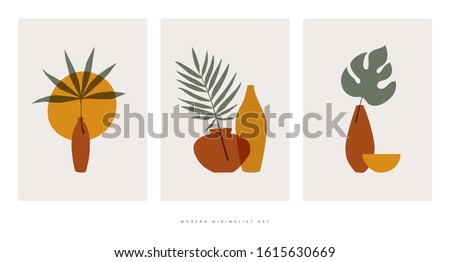 Collection of abstract botanical compositions vector flat illustration. Trendy collage with elements of exotic palm leaves for eco-design on isolated background. Modern minimalist art. 