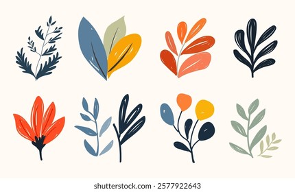 Collection of abstract botanical nature shapes and line art leaves, Element design flower for posters, decorate, painting, card. Vector illustration.