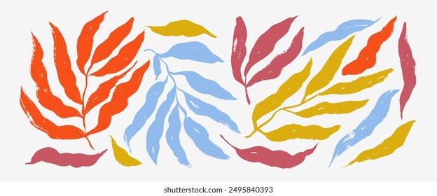 Collection of abstract brush drawn branches with long leaves. Colorful botanical silhouette, autumn motif. Exotic botanical background in sketch grunge style. Black twig or leaves silhouettes set