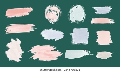 Coleção de traçados de pincel abstrato em cores pastel em um plano de fundo verde. Os traçados de pincel variam em forma e tamanho, criando um efeito texturizado e artístico. Traçados de pincel criativos, conjunto de vetores.