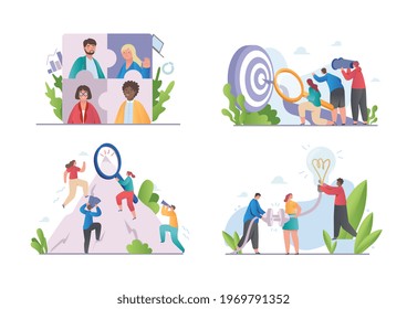 Collection of abstract business designs. Brainstorming, business concept for teamwork, finding new solutions, generating new creative ideas abstract concepts. Set of flat cartoon vector illustrations