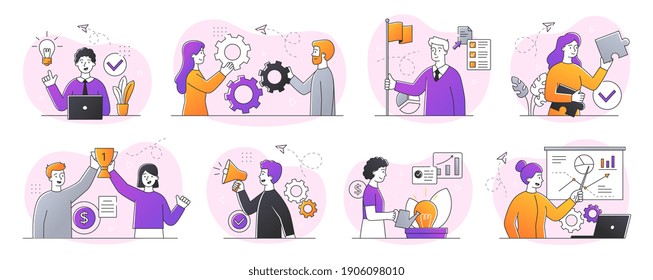 Collection of abstract business scenes. New idea, workflow management, way to victory, way to success, leadership concept, business analysis. Set of outline minimal style vector illustrations