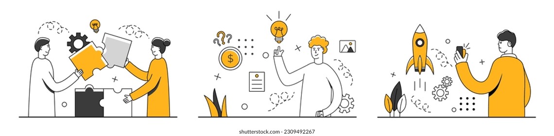 Collection of abstract business scenes. New idea, teamwork. Entrepreneurship, start up business and opportunity concept on white background. Business people in different situation. Vector illustration