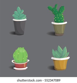 Collection of abstract cactuses in flower pot. Home vector cactus