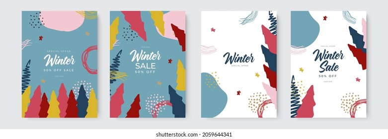 Collection of abstract card background designs, winter sale, social media promotional content with organic and hand drawn style. Vector illustration