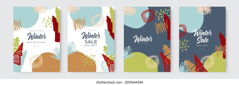 Collection of abstract card background designs, winter sale, social media promotional content with organic and hand drawn style. Vector illustration