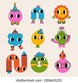 Collection of abstract cartoon characters. Funny Geometric shapes with happy faces. Positive and cute creatures. vector set for stickers and other design