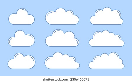 Collection of abstract cartoon white clouds in flat style isolated on blue background. Vector illustration