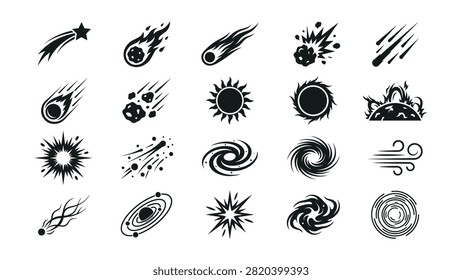 Collection of abstract celestial and weather icons with meteoroids and sun symbols