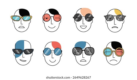 Collection of abstract character faces wearing diverse stylish eyewear expressing various emotions