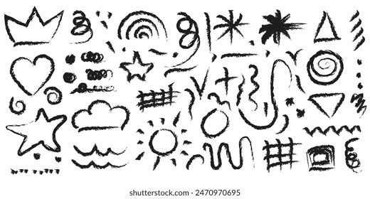 collection of abstract charcoal doodles, including various shapes, symbols, and patterns.