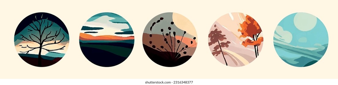 A collection of abstract circular landscapes capturing the essence of various seasons in nature. These versatile designs are ideal for use as stickers, decorations, logos, posters, and cards.