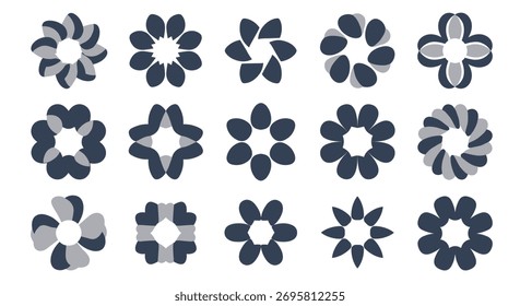 A collection of abstract circular patterns, including floral and gear-like designs, in varying shades of blue and gray.