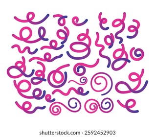 A collection Abstract Color Gradientshapes Lines with wavy lines . Colorful vector.Vector Spiral Confetti Shapes. Birthday Pattern with Color Fluid Elements