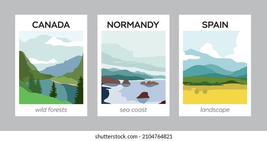 Sammlung abstrakter Landschaften verschiedener Länder zu unterschiedlichen Jahreszeiten. Set von künstlerischen modernen Plakaten der Jahreszeiten der Natur in ausgeschnittenen Formen Stil. Vektorgrafik