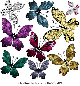 Collection abstract colorful butterflies on white (vector)