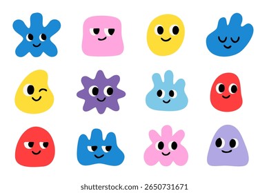 Collection of abstract colorful characters with emotions. Fun faces in bright minimal shapes on white background. Ideal for children’s projects, branding, or playful design elements.