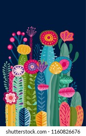 Collection of abstract colorful plants  and cacti with flowers, eps10 vector