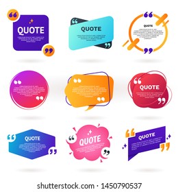 Collection of abstract colorful quote text boxes with quotes symbols. Geometric banner template in different styles. Speech bubble set. Remark frame for your design. Modern badges for promotion.