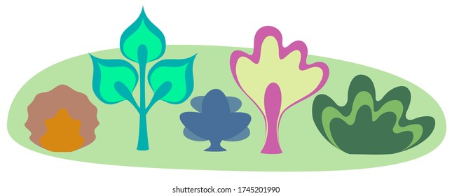 Collection of abstract colorful trees in flat style. Decorative floral print on a light background. Fancy plants. EPS10 vector illustration