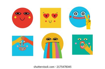 Collection of abstract comic Faces with various Emotions. Crazy Abstract comic geometric shape characters elements and faces. Vector Illustration