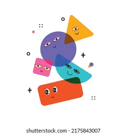 Collection of abstract comic Faces with various Emotions. Crazy Abstract comic geometric shape figures characters elements and faces. Vector Illustration
