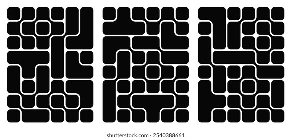 Coleção de composição abstrata de retângulos arredondados em negrito conectados uns aos outros. Formas líquidas em um padrão perfeito. O design pode ser usado para planos de fundo, embalagens ou projetos de design gráfico
