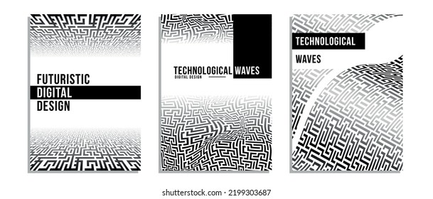 Sammlung abstrakter zeitgenössischer Vorlagen, Cover, Plakate, Broschüren, Banner, Plakate, Flyer, Broschüren, Hintergründe. Schwarz-Weiß-futuristisches Liniendesign.