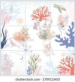 Collection of abstract continuous background for social media promotional content with woman face portrait, underwater world, seaweed and marine animals. Editable Vector illustrarion.