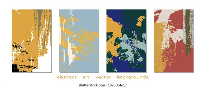 Collection of abstract creative backgrounds. Hand painted textures set. Graphic artwork for poster, cover, invitation, brochure, flyer. Vector templates with paint strokes and shapes in retro pastels