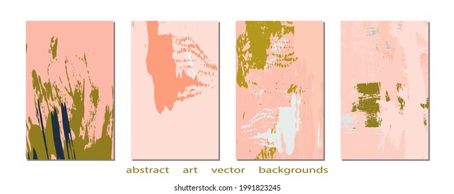 Colección de antecedentes creativos abstractos. Colocación de texturas pintadas a mano. Arte gráfico de moda para afiches, portada, invitación. Plantillas vectoriales con trazos de pintura y formas en colores retro pastel.