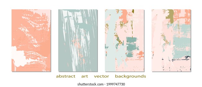 Colección de antecedentes creativos abstractos. Colocación de texturas pintadas a mano. Arte gráfico de moda para afiches, portada, invitación. Plantillas vectoriales con trazos de pintura y formas en colores retro pastel.