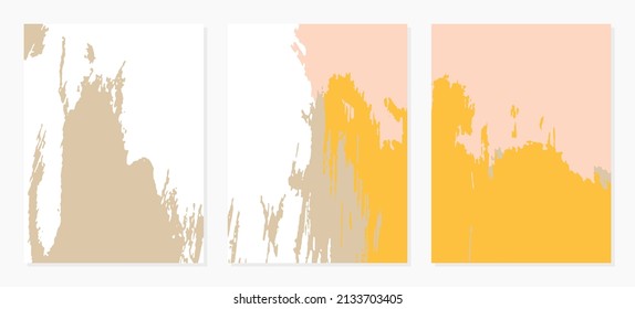 Collection of abstract creative backgrounds. Hand painted textures set. Trendy graphic artwork for poster. Vector templates with paint strokes and shapes in pastel retro colors.
