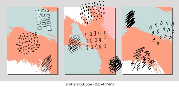 Collection of abstract creative backgrounds. Hand painted textures set. Trendy graphic artwork for poster. Vector templates with paint strokes and shapes in pastel retro colors.
