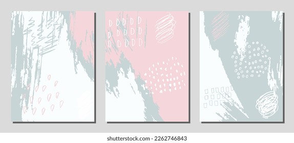 Collection of abstract creative backgrounds. Hand painted textures set. Trendy graphic artwork for poster. Vector templates with paint strokes and shapes in pastel retro colors.