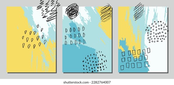 Collection of abstract creative backgrounds. Hand painted textures set. Trendy graphic artwork for poster, cover, invitation, placard. Vector templates with paint strokes and shapes in pastel retro 
