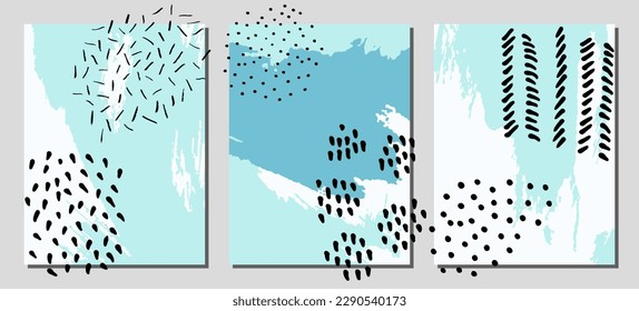 Collection of abstract creative backgrounds. Hand painted textures set. Trendy graphic artwork for poster. Vector templates with paint strokes and shapes in pastel retro colors.