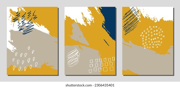 Colección de antecedentes creativos abstractos. Colocación de texturas pintadas a mano. Arte gráfico de moda para afiches, portada, invitación. Plantillas vectoriales con trazos de pintura y formas en colores retro pastel.