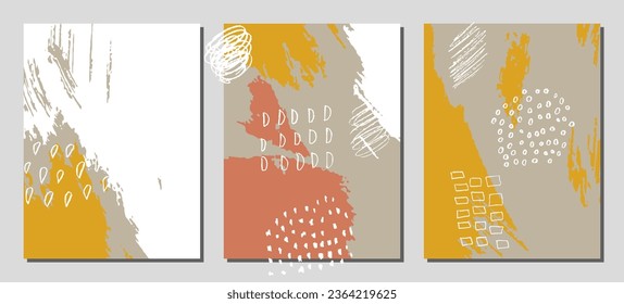 Colección de antecedentes creativos abstractos. Colocación de texturas pintadas a mano. Arte gráfico de moda para afiches. Plantillas vectoriales con trazos de pintura y formas en colores retro pastel.