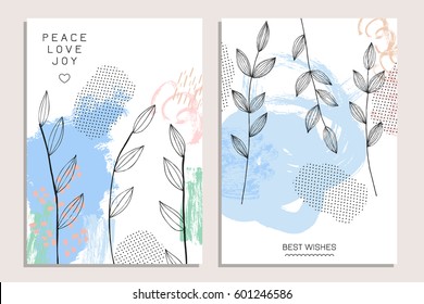 Collection of abstract creative cards with hand-drawn blots, stripes and flowers. Modern artistic header or background. Contemporary graphic design. Vector illustration.