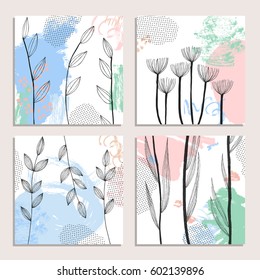 Collection of abstract creative cards with hand-drawn blots, stripes and flowers. Modern artistic header or background. Contemporary graphic design. Vector illustration.
