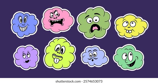 Collection of Abstract cute Emotion clouds, emoji icon set. Various expressions. Colorful Character Doodle Cartoon for kids. 