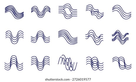 A collection of abstract deep blue wavy line patterns on a white background, showcasing dynamic curves and rhythmic motion for contemporary design projects and technology illustrations