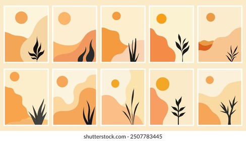 Una colección de ilustraciones abstractas de paisajes desérticos con Elementos minimalistas de naturaleza que muestran puestas de sol y siluetas de plantas en tonos cálidos y terrosos.