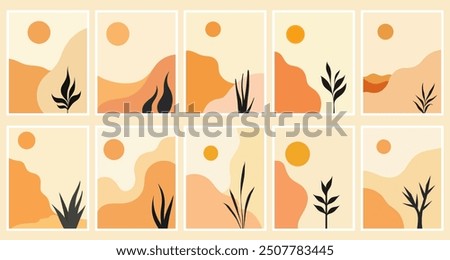 A collection of abstract desert landscape illustrations featuring minimalist nature elements showcasing sunsets and plant silhouettes in warm earthy tones.