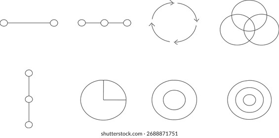 A Collection of Abstract Diagrams Representing Concepts Like Connection Cycles Comparison and Hierarchy in a White Background