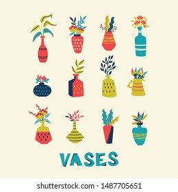 Collection of Abstract Different Vases. Hand Drawn Illustration Isolated on White Background.